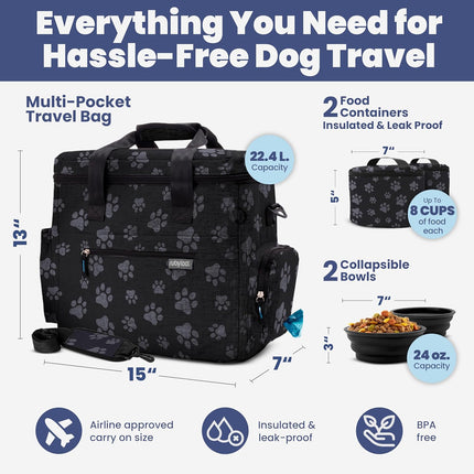 The Original Doggy Bag™ - Complete Dog Travel Bag for Supplies with 2 Bpa-Free Travel Dog Bowls & 2 Pet Food Containers - Traveling Kit for Road Trips, Camping, Weekend Away or Doggy Gift: Paw Print
