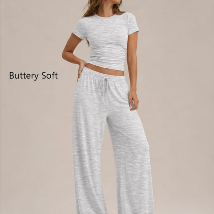 2 Piece Matching Summer Lounge Set Womens Side Ruching Top Wide Leg Pants Sets with Pockets