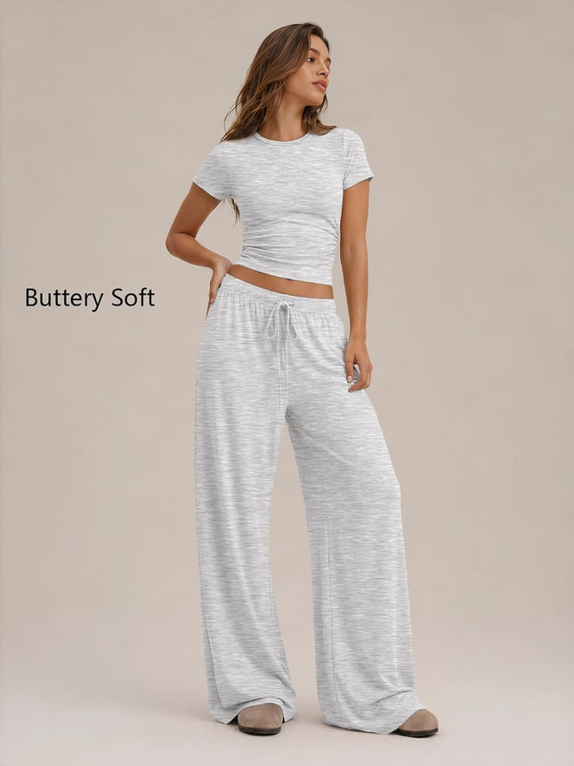 2 Piece Matching Summer Lounge Set Womens Side Ruching Top Wide Leg Pants Sets with Pockets