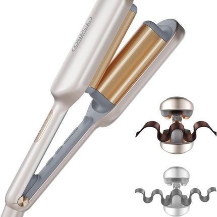 Curling Iron Hair Crimper Waver -  ROVY Beach Waves Curling Wand, Ionic Deep Waver Hair Curler Tool with Ceramic 3 Barrel for Women, Dual Voltage, Anti-Scald, Easy to Use, Elegant Gold, 1.25 Inch