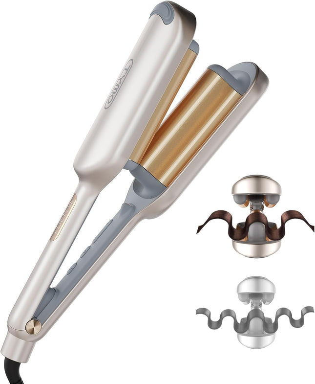 Curling Iron Hair Crimper Waver -  ROVY Beach Waves Curling Wand, Ionic Deep Waver Hair Curler Tool with Ceramic 3 Barrel for Women, Dual Voltage, Anti-Scald, Easy to Use, Elegant Gold, 1.25 Inch