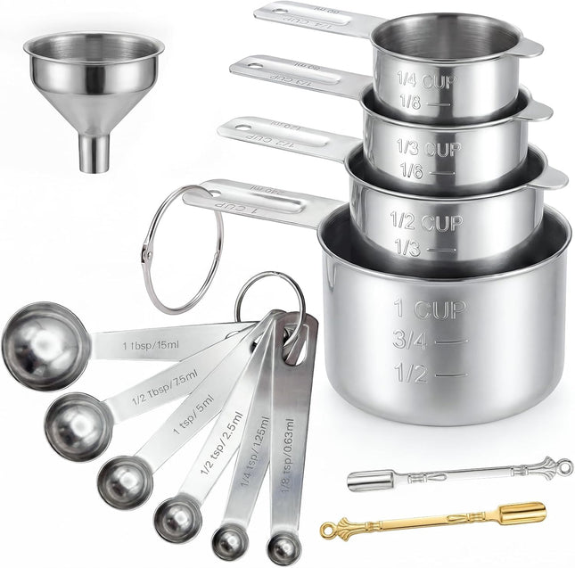 13PCS Measuring Cups and Spoons Set, Premium Heavy Duty Steel Measuring Spoons Cups Set with Metric and US Measurements, Set for Measuring Dry and Liquid Ingredients