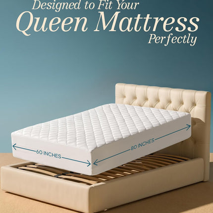 Quilted Fitted Mattress Pad, Queen Mattress Protector Topper with Deep Pocket Stretches up to 16 Inches, Machine Washable Mattress Cover by  (White)