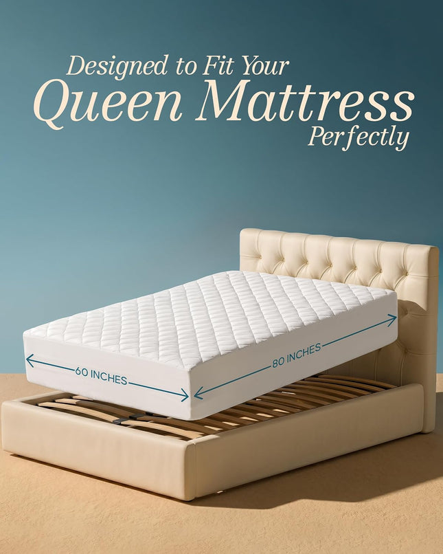 Quilted Fitted Mattress Pad, Queen Mattress Protector Topper with Deep Pocket Stretches up to 16 Inches, Machine Washable Mattress Cover by  (White)