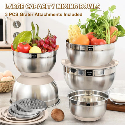 Mixing Bowls with Airtight Lids Set, 8PCS Stainless Steel Nesting Bowls with Grater Attachments, Non-Slip Bottoms, 5, 4, 3.5, 2, 1.5QT for Mixing & Serving