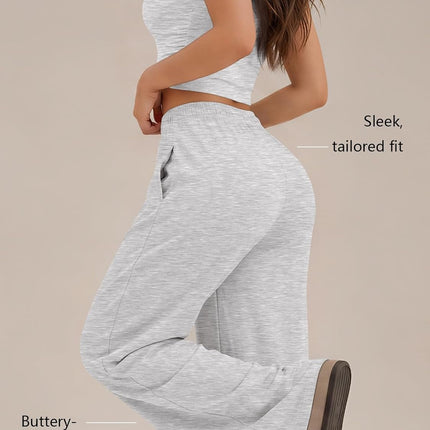 2 Piece Matching Summer Lounge Set Womens Side Ruching Top Wide Leg Pants Sets with Pockets