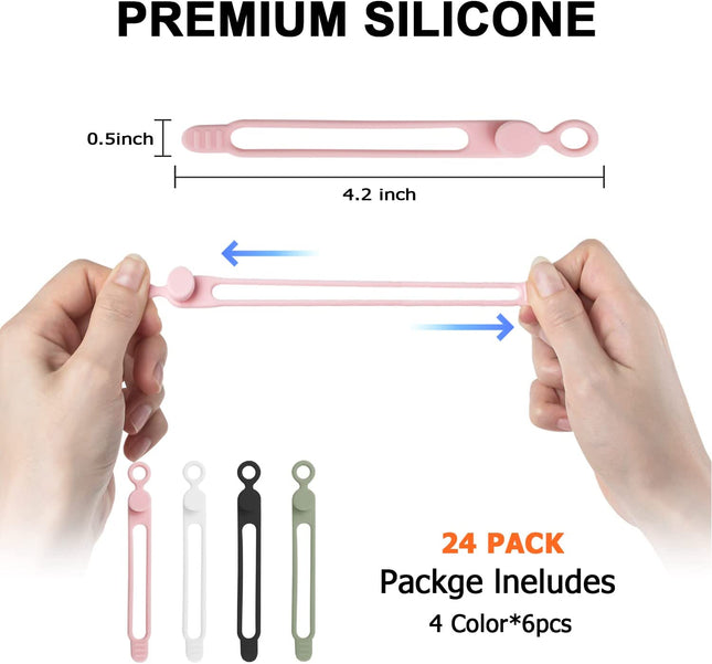 24Pcs Silicone Cable Straps Cord Organizer for Bundling Earphone, Phone Charger, Computer Cords, Reusable Cable Ties Wire Organizer in Home,Office,Kitchen,School (4 Colors)