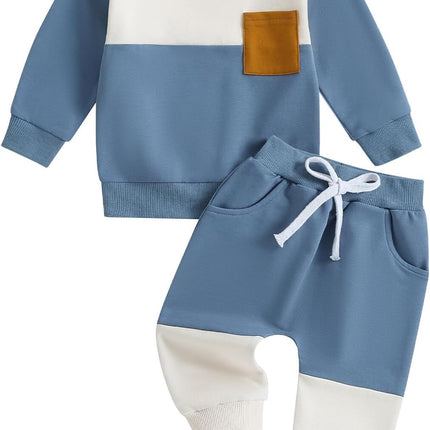 Toddler Baby Boy Fall Winter Clothes Color Block Long Sleeve Sweatshirt Pullover Tops + Joggers Pants Outfit Set