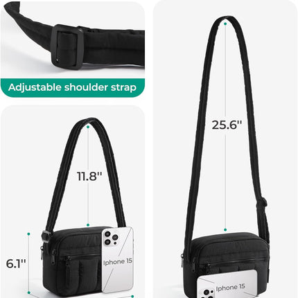 Cross Body Purse, Mini Crossbody Bags for Women Travel Purse, Puffy Shoulder Handbag Wallet with RFID Blocking Slots, Black-Small