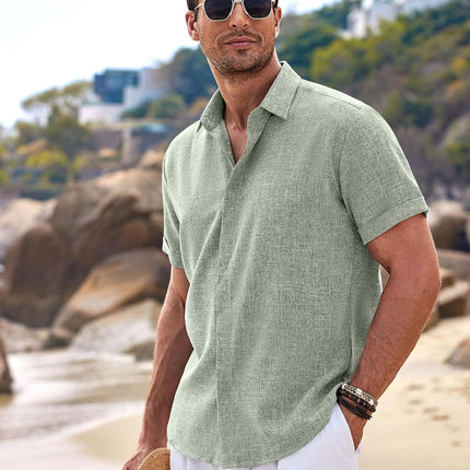 Men'S Linen Shirts Short Sleeve Casual Shirts Button down Shirt for Men Beach Summer Wedding Shirt