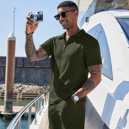 Men'S 2 Pieces Outfits Casual Quarter Zip Polo Shirt and Shorts Set Athletic Jogging Summer Tracksuit