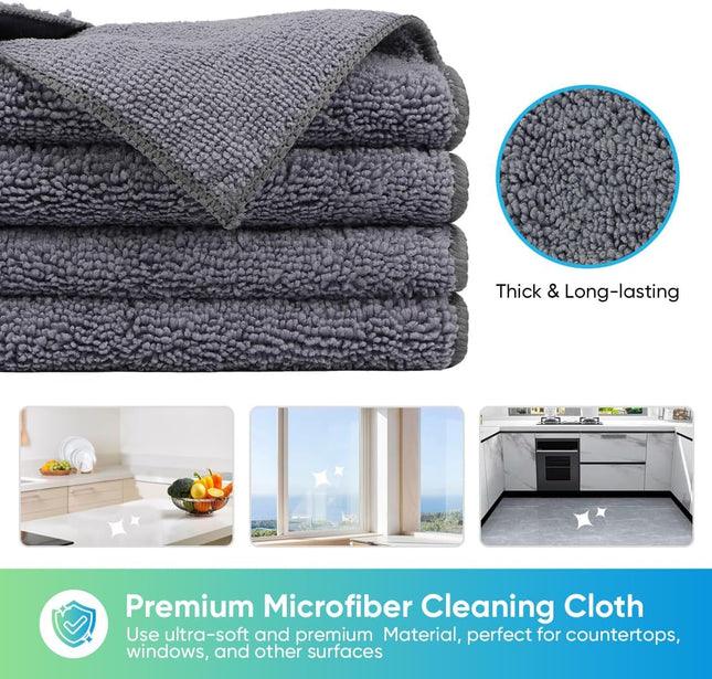 Grey Microfiber Cleaning Cloth, 12 Pack Premium Microfiber Towels for Cars, Lint Free, Scratch-Free, Highly Absorbent, Reusable Cleaning Rags for Car, Household, Kitchen, Window, 11.5"X11.5"