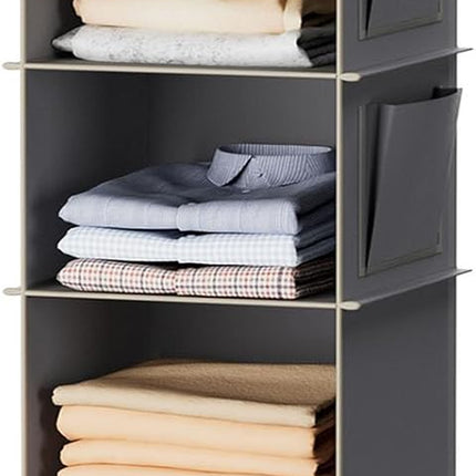 Hanging Closet Organizer and Storage, 6-Shelf, Grey | Dorm Room Essentials for Guys, Clothes Organizer with 2 Side Pockets, Hanging Shelves for Closet Storage, Breathable Fabric