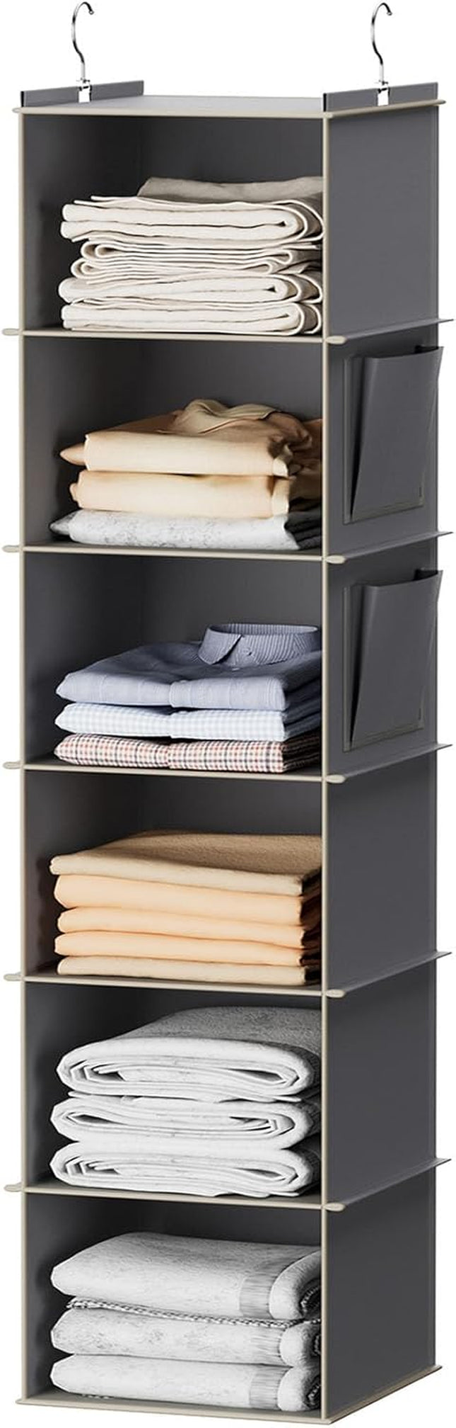 Hanging Closet Organizer and Storage, 6-Shelf, Grey | Dorm Room Essentials for Guys, Clothes Organizer with 2 Side Pockets, Hanging Shelves for Closet Storage, Breathable Fabric