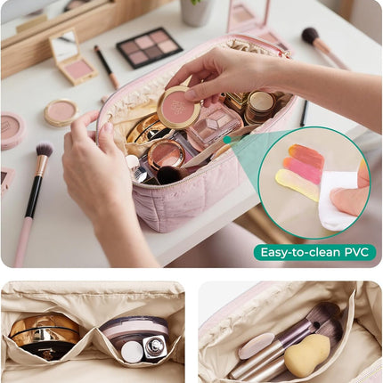 Makeup Bag Travel Toiletry Bag, Puffy Padded Make up Bags for Women Makeup Organizer Case, Wide-Open Pouch Purse Travel Essentials Toiletries Accessories Brushes, Pink