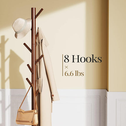 Solid Wooden Coat Rack Freestanding, Hall Tree with 8 Hooks, 3 Height Options for Coats, Hats, Handbags, and Scarves, Tool-Free Assembly, Space Saving Design for Entryway, Office, Bedroom