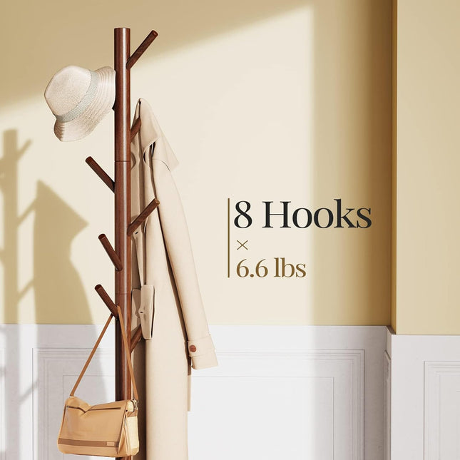 Solid Wooden Coat Rack Freestanding, Hall Tree with 8 Hooks, 3 Height Options for Coats, Hats, Handbags, and Scarves, Tool-Free Assembly, Space Saving Design for Entryway, Office, Bedroom