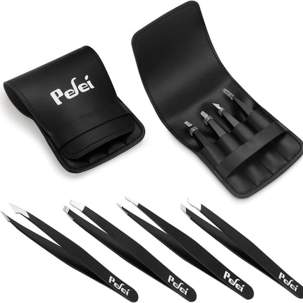 Tweezers Set - Professional Stainless Steel Tweezers for Eyebrows - Great Precision for Facial Hair, Splinter and Ingrown Hair Removal (Black)
