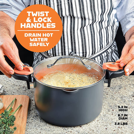 5 Quart Stock Pot Multipurpose Pasta Pot with Strainer Lid & Twist and Lock Handles, Nonstick Ceramic Surface Makes for Effortless Cleanup with Tempered Glass Lid, Dishwasher Safe | Twist and Lock Handles, Non Toxic Ceramic Non Stick Coating, for Cooking Soup, Spaghetti, Rice, Dishwasher Safe - Copper