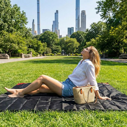 Pocket Picnic Blanket, Beach Mat Waterproof Sandproof, Compact Lightweight Small Tarp for Camping, Hiking, Backpacking, Festival, Travel, Foldable in Bags (Black/Red, 55"X60")