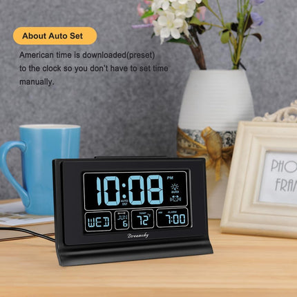 Alarm Clocks for Bedrooms with Battery Backup, Auto Set | Digital Clock with Date & Day of Week, 5 Inch Large Display, Weekday, Temperature, USB Port, Auto DST, Brightness Dimmer