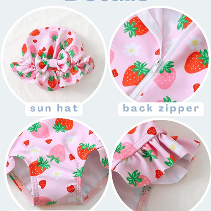 Baby Girl Swimsuit Long Sleeve One-Piece Swimwear with Hat Rash Guard Ruffle Floral Zipper Beach Infant Bathing Suit