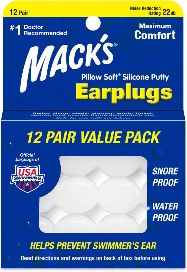 Pillow Soft Silicone Earplugs, 12 Pair – the Original Moldable Silicone Putty Ear Plugs for Sleeping, Snoring, Swimming, Travel, Concerts and Studying | Made in USA