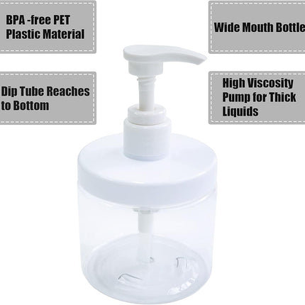 Pump Bottle Dispenser Plastic Refillable Bottles Wide Mouth Jar Style Empty Bathroom Shower Containers for Lotion Shampoo Conditioner (Clear, 2X 500Ml)