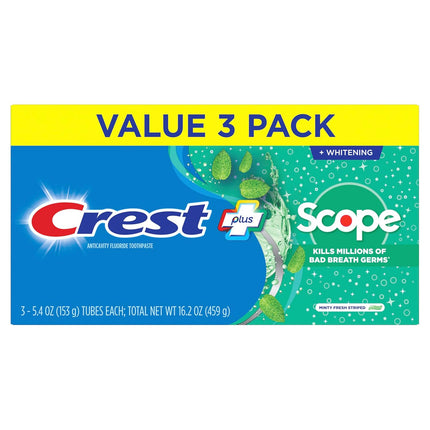 + Scope Whitening Toothpaste - Pack of 3, 5.4 Oz Tubes - Anticavity Fluoride Toothpaste, Fresh Breath, Kills Germs - Tartar Protection, Enamel Protection - Minty Fresh Flavor