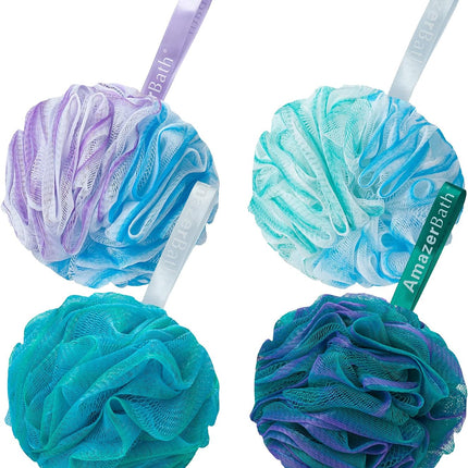 Loofah Sponge 75G/Piece, Exfoliating Bath Sponge Body Scrubber - Loofa Set of 4 Flower Color (Large, Green-Purple)