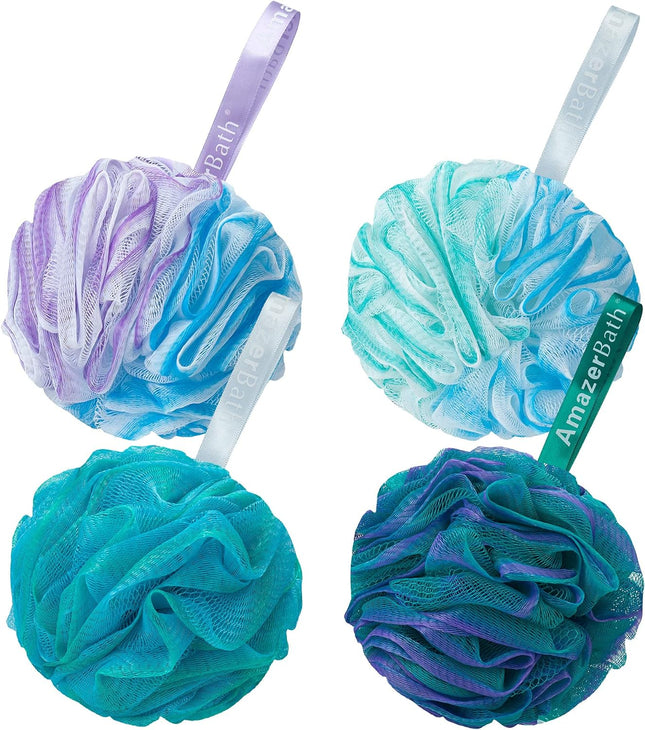 Loofah Sponge 75G/Piece, Exfoliating Bath Sponge Body Scrubber - Loofa Set of 4 Flower Color (Large, Green-Purple)