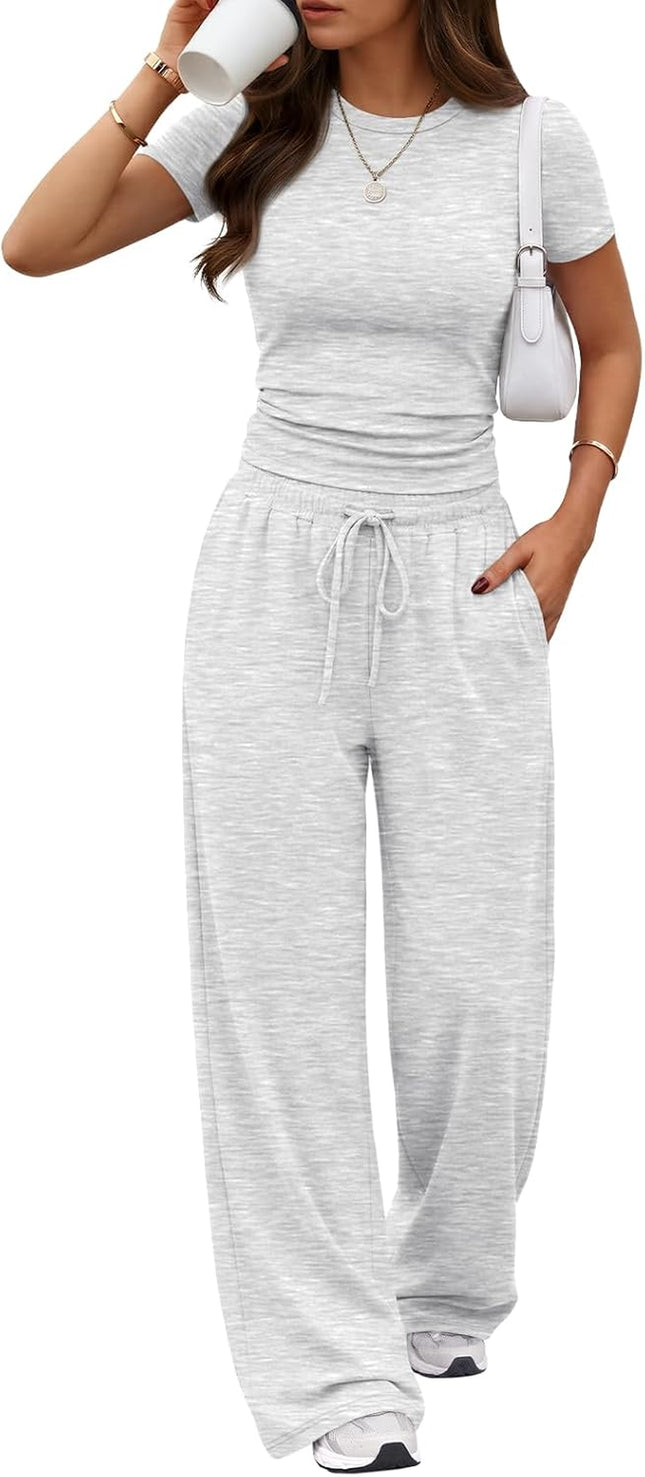 2 Piece Matching Summer Lounge Set Womens Side Ruching Top Wide Leg Pants Sets with Pockets