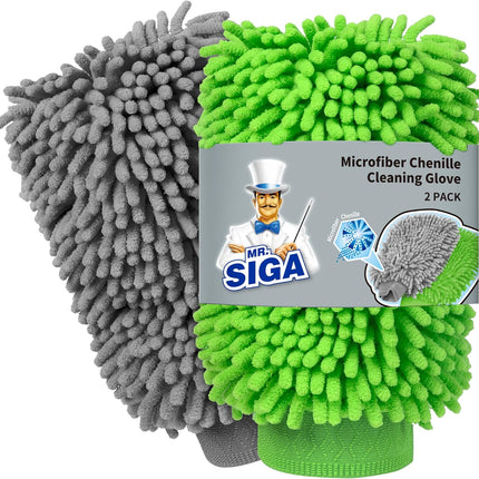 Microfiber Car Wash Mitt, Chenille Wash Mitt for Car Washing | Super Absorbent and Scratch Free, Noodle Gloves for Lifting Dirt from Car, Pack of 2, Green & Gray
