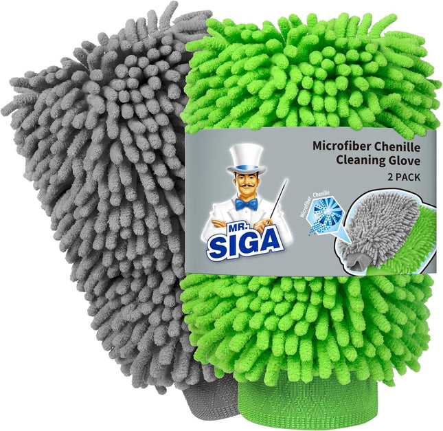Microfiber Car Wash Mitt, Chenille Wash Mitt for Car Washing | Super Absorbent and Scratch Free, Noodle Gloves for Lifting Dirt from Car, Pack of 2, Green & Gray