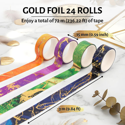 Gold Washi Tape Set - 24 Rolls Metallic Foil Marbling Washi Tape, Decorative Washi Tapes for Junk Journal Supplies, Bullet Journal Supplies, DIY Crafts, Scrapbooking, School Supplies