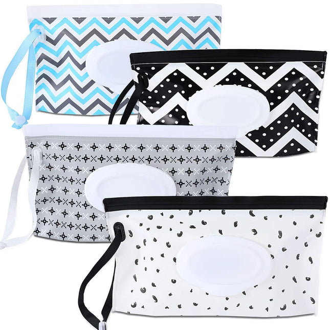 4 Pack Baby Wipe Dispenser, Portable Refillable Wet Wipe Holder | Reusable Travel Wet Wipe Pouch, Zip Locking Seal and Secure Snap Close Lid, Easy Refill and Dispensing, with Wrist Loop