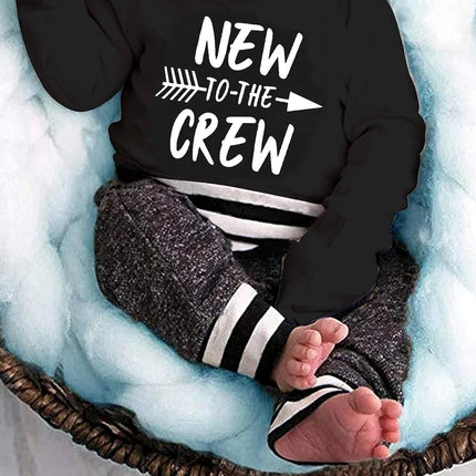 Newborn Baby Boy Clothes New to the Crew Letter Print Romper+ Pants+Hat 3PCS Outfit