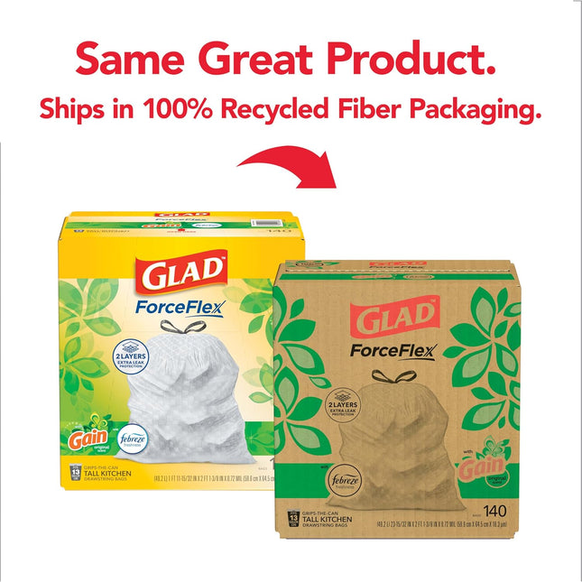 Forceflex Kitchen Trash Bags, Rip and Tear Resistant, Gain Original Scented Tall Garbage Bags, Odor Control, Febreze Freshness, 13 Gallon, 140 Count
