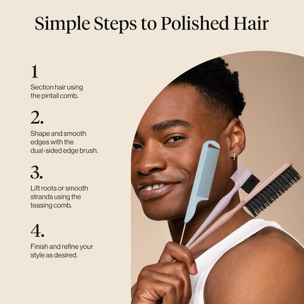 Kitsch Slick Back Hair Brush – Hair Styling Combs Kit with Pintail Comb, Edge Brush & Teasing Tool, Comb Set for Precision Parts, Smooth Edges, Volume & Slick Back Brush for Styling