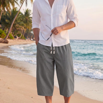 Men'S Linen Cotton Capri Pants Loose Fit Elastic Waist Wide Leg Baggy Harem Pants