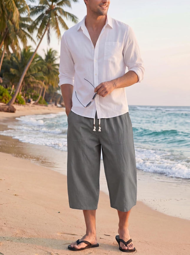 Men'S Linen Cotton Capri Pants Loose Fit Elastic Waist Wide Leg Baggy Harem Pants