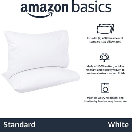400 Thread Count Cotton Pillowcases, Standard, 30" L X 20" W, White - Set of 2, Pillows Not Included