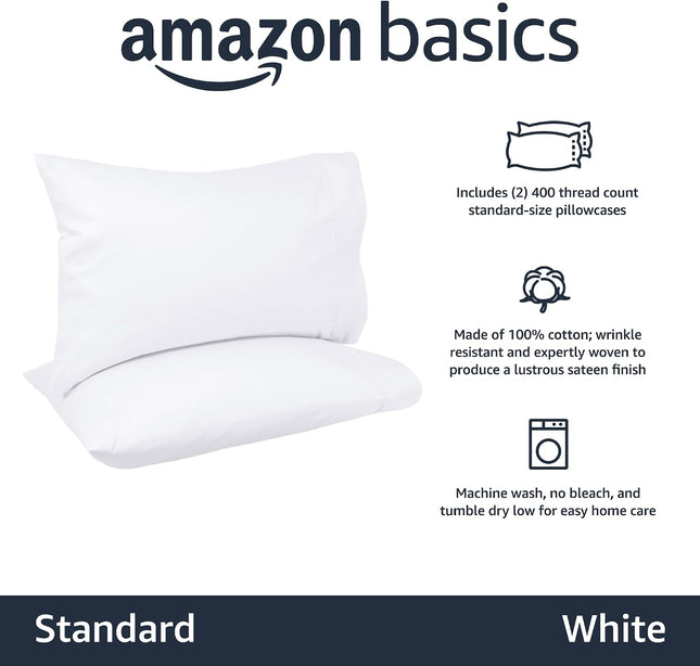 400 Thread Count Cotton Pillowcases, Standard, 30" L X 20" W, White - Set of 2, Pillows Not Included
