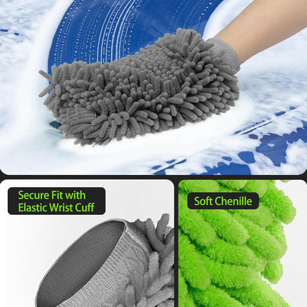 Microfiber Car Wash Mitt, Chenille Wash Mitt for Car Washing | Super Absorbent and Scratch Free, Noodle Gloves for Lifting Dirt from Car, Pack of 2, Green & Gray