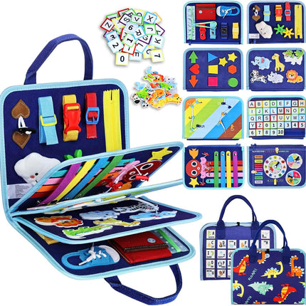 Toddler Busy Board Montessori Toys for Boys, Sensory Book Educational Activities for Learning Fine Motor Skills, Birthday Gifts for Boys Toddlers, Travel Toys for Airplane Car, Blue Dinosaur