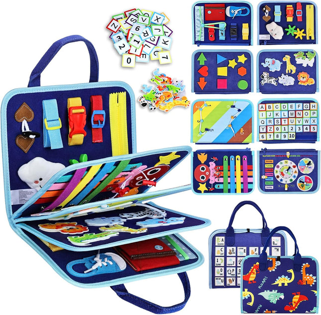 Toddler Busy Board Montessori Toys for Boys, Sensory Book Educational Activities for Learning Fine Motor Skills, Birthday Gifts for Boys Toddlers, Travel Toys for Airplane Car, Blue Dinosaur