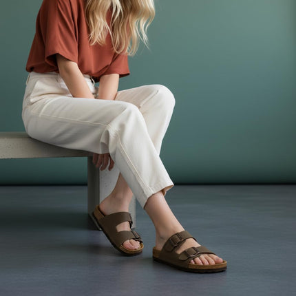 Lane Cork Footbed Womens Sandals Comfortable Double Buckle Slip on Sandals for Women with Arch Support and Classic Two Strap Design