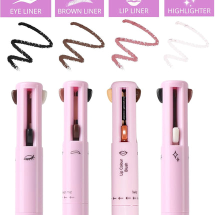 - 4 in 1 Makeup Touch up Pen with Nude Lip Liner, Black Eyeliner, Medium Brown Eyebrow Pencil, and Radiant White Matte Highlighter, Compact Beauty Pen, Smudge Proof, Vegan, Cruelty-Free