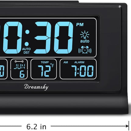 Alarm Clocks for Bedrooms with Battery Backup, Auto Set | Digital Clock with Date & Day of Week, 5 Inch Large Display, Weekday, Temperature, USB Port, Auto DST, Brightness Dimmer