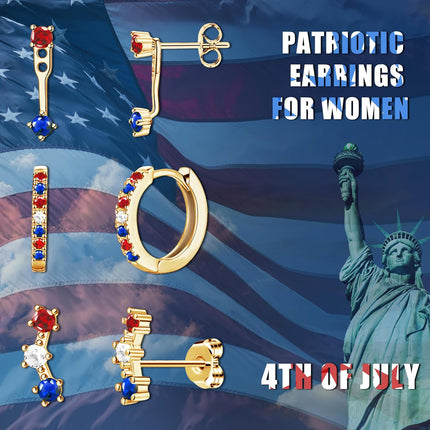 3 Pairs Dainty Small 4Th of July Earrings for Women Trendy, Birthstone Stud Huggie Hoop Jacket Stack for Cartilage Helix, Gold Plated Hypoallergenic Cute Women Fashion Accessories Western Jewelry Gifts
